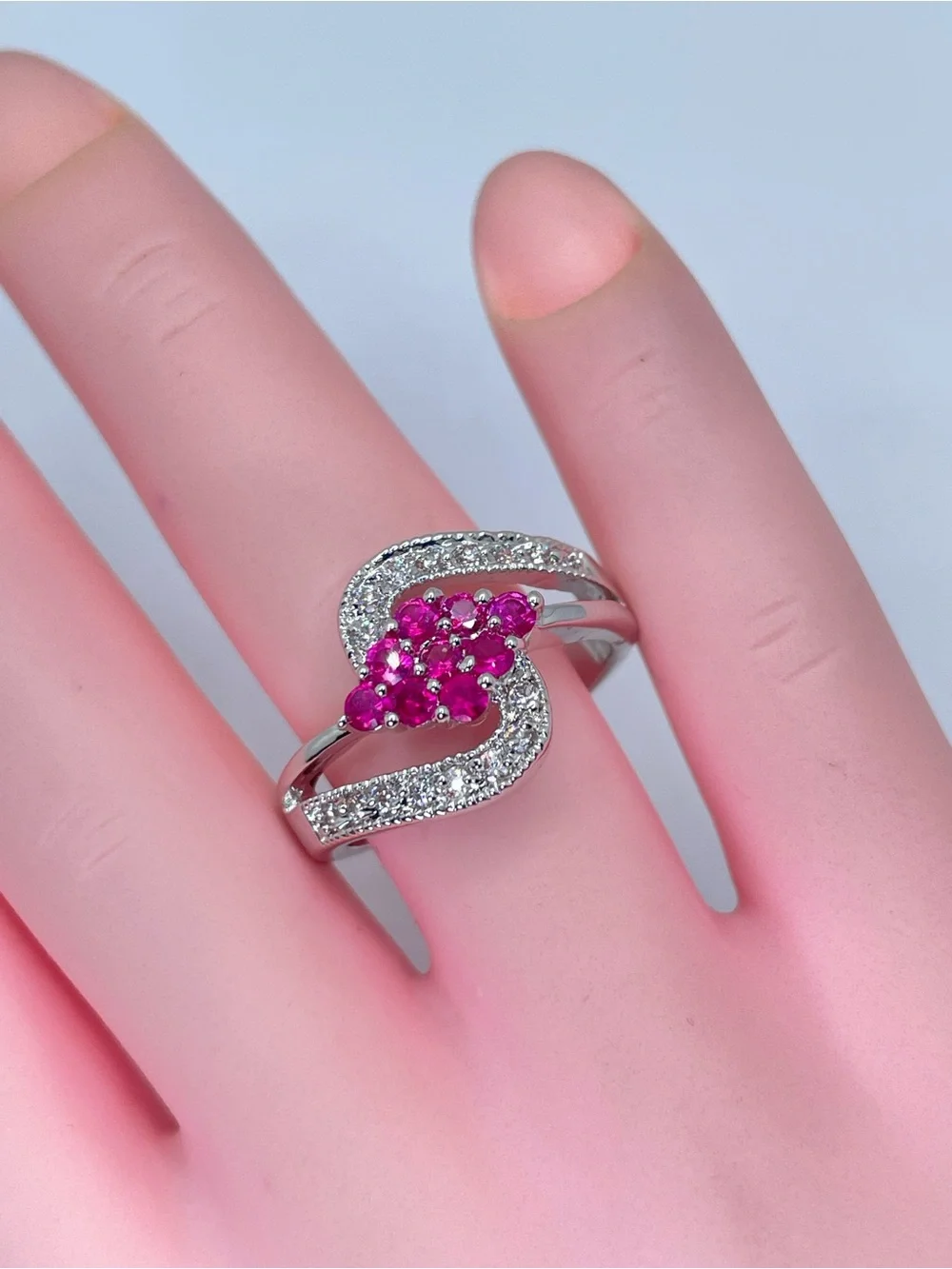 Swarovski Ruby Pink Diamond White Crystal Elements Ring CZ Halo Silver Sz 7
